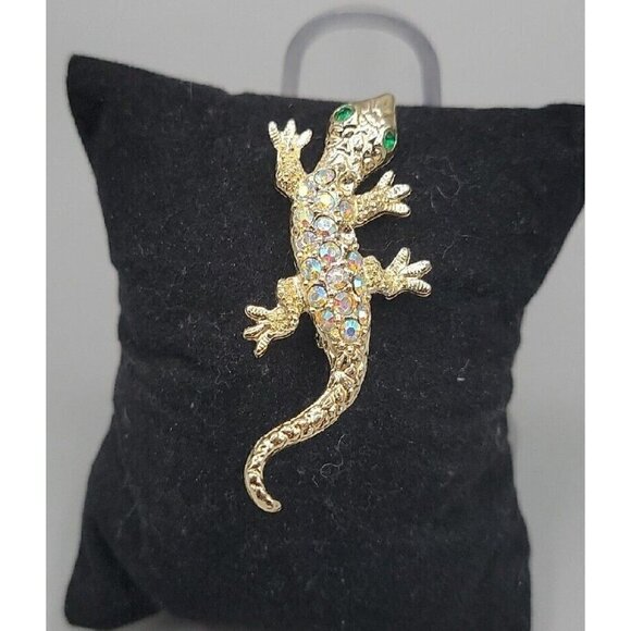 Vintage Gecko Lizard Brooch Pins Aurora Boreal Rhinestones Gold Tone Green Eyes - Picture 1 of 9